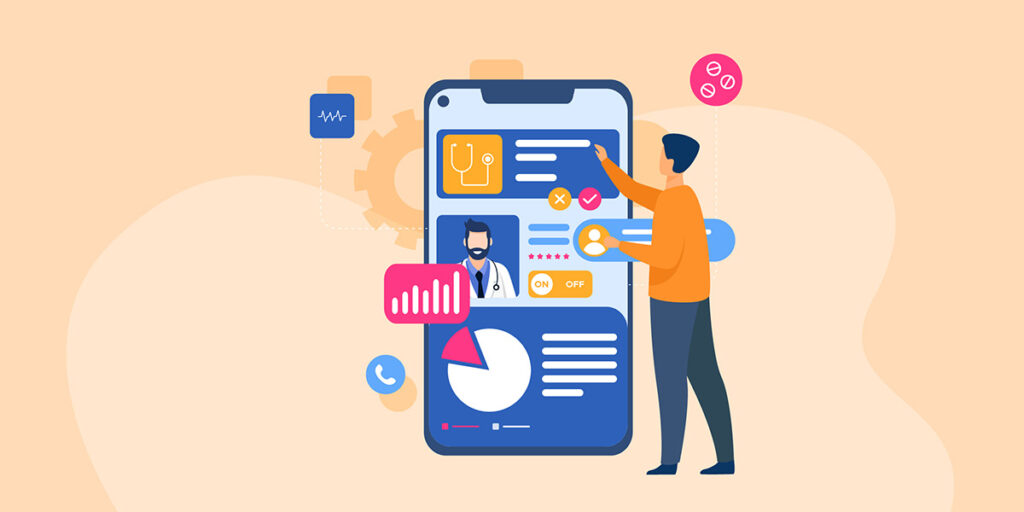 Illustration of a person interacting with a Digital Front Door solution on a mobile phone.