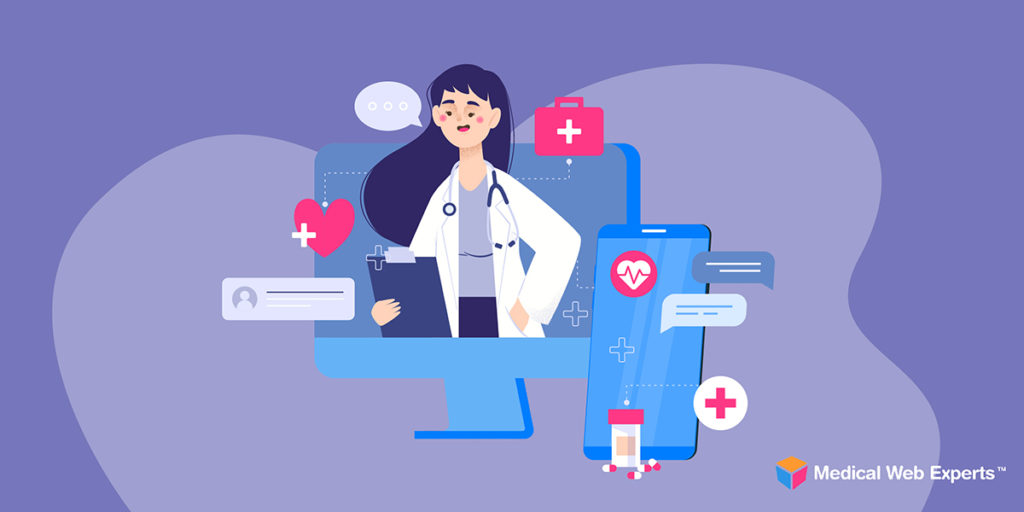 mobile-web-apps-medical-web. A doctor is looking at medical records surrounded by several icons including a mobile and a computer desktop.